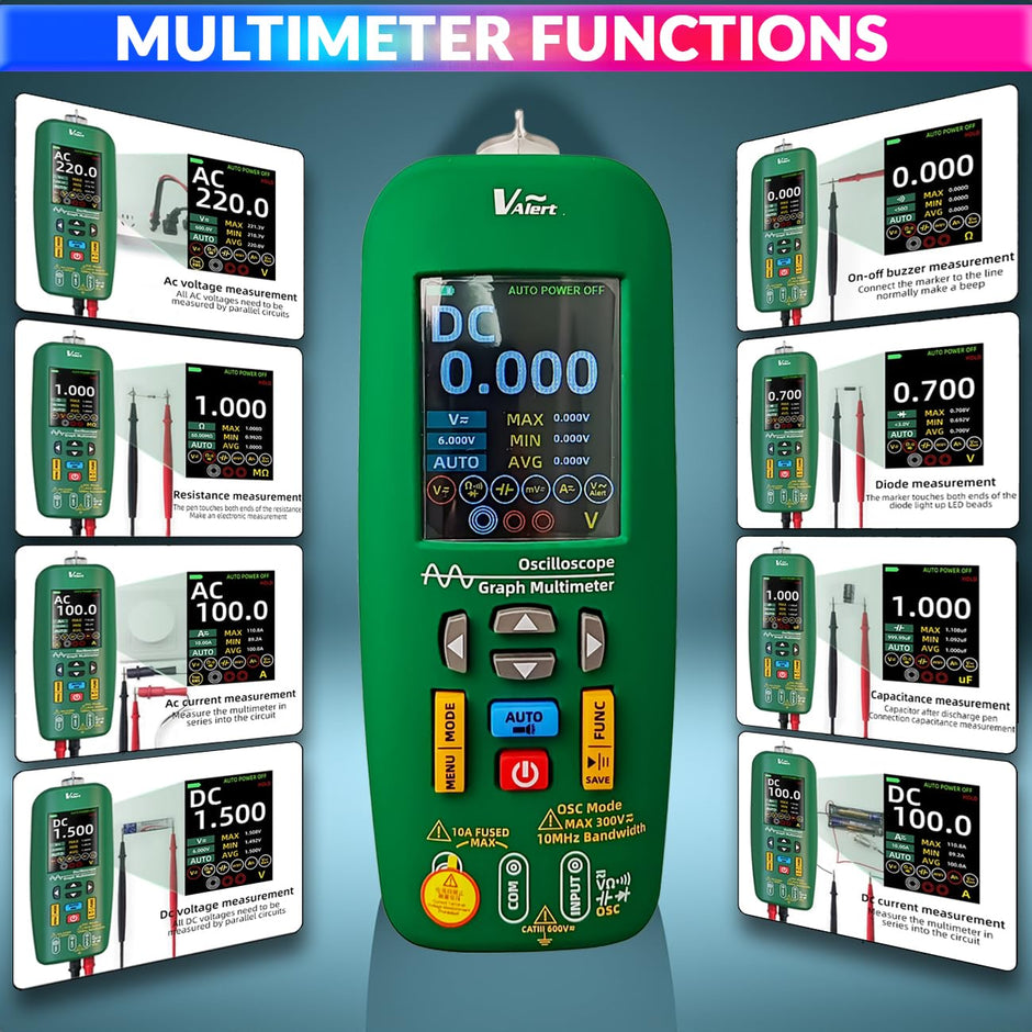 3-in-1 Digital Oscilloscope, Multimeter & Test Pen, Rechargeable, 2.8" TFT, 10MHz Bandwidth