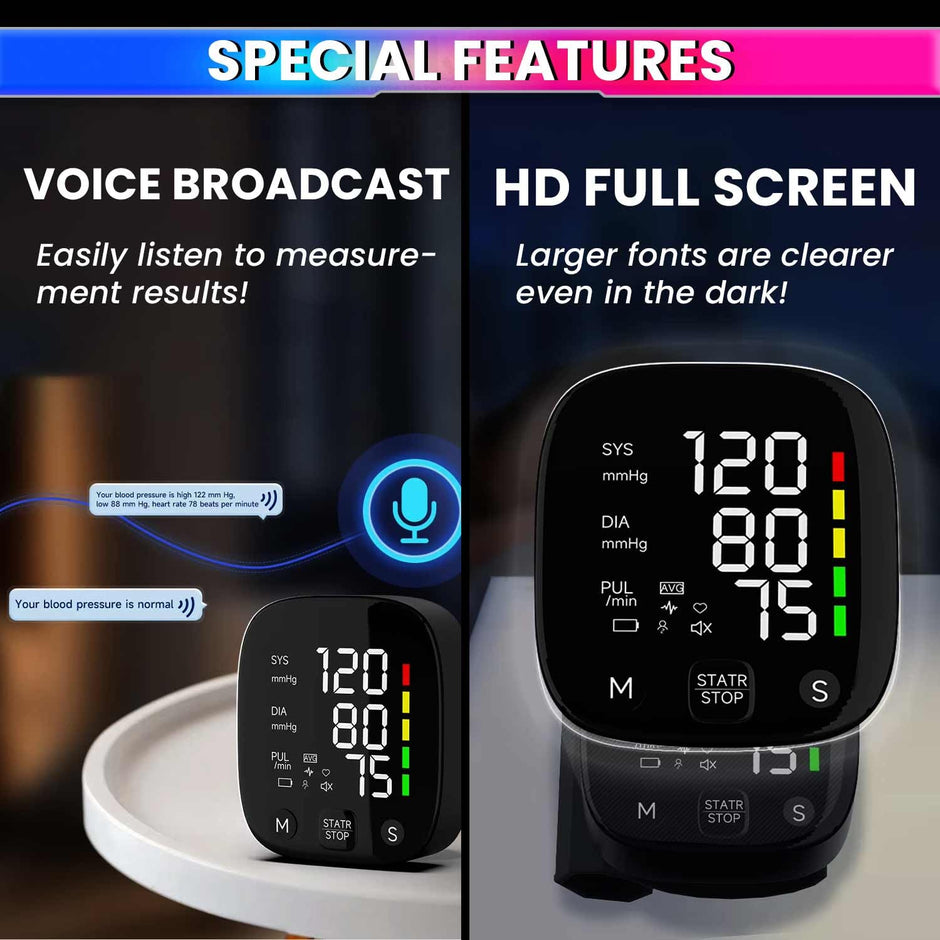 amiciCare Wrist Blood Pressure Monitor, Type-C Rechargeable BP Machine Stores 99 * 2 Readings for 2 Users with Color Indicators and Voice Broadcast