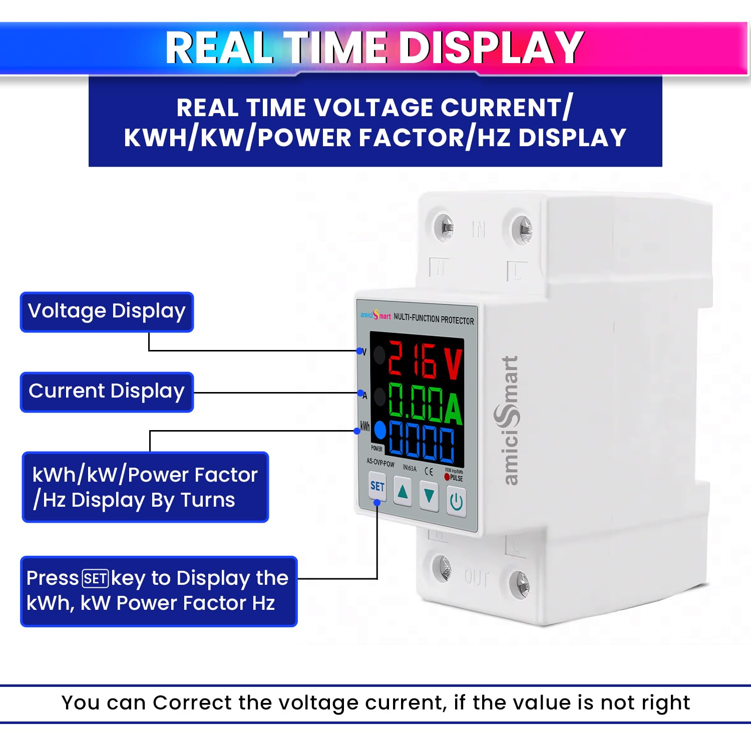 63A 230V Digital Energy Meter with Over/Under Voltage, Over Current/Load Protection