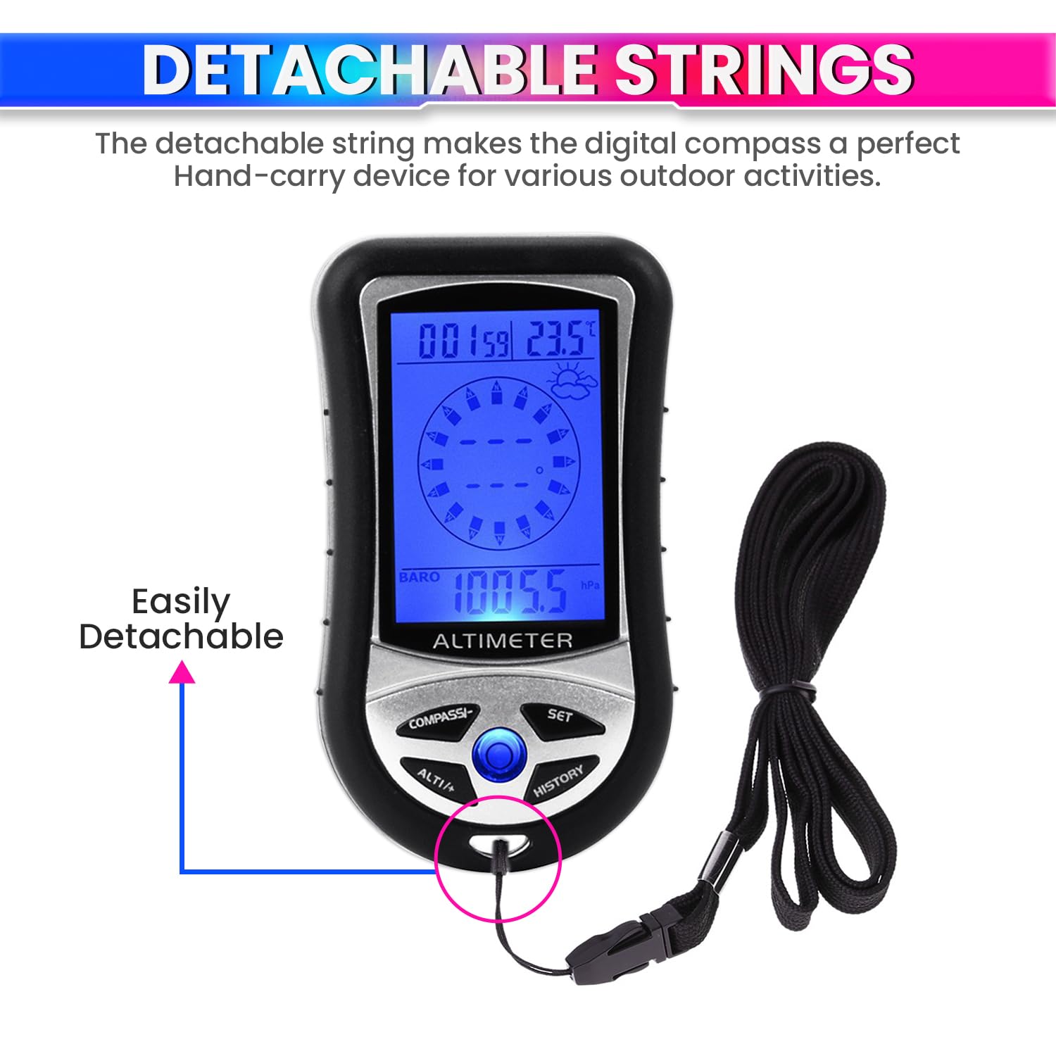 amiciSense Ultra Practical 8 in 1 Digital Compass Altimeter Barometer Thermometer Weather Forecast Time Height Gauge LCD Backlight with 2xAAA Battery