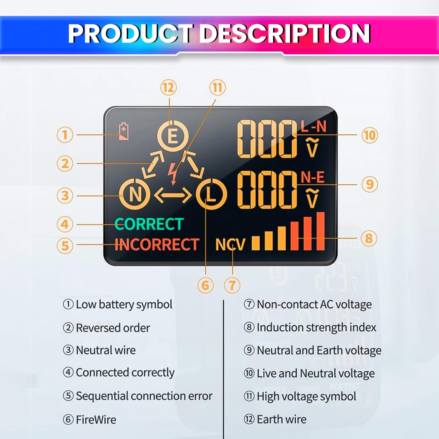 amiciSense Rcd Socket Tester, LCD With Live Voltage & Leakage Display, Automatic Earth Neutral Line Wire Check Wall Plug Voltage & Leakage Tester