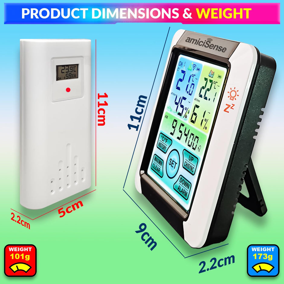 Digital Weather Station – Indoor/Outdoor Temp & Humidity Monitor with Touchscreen & Clock