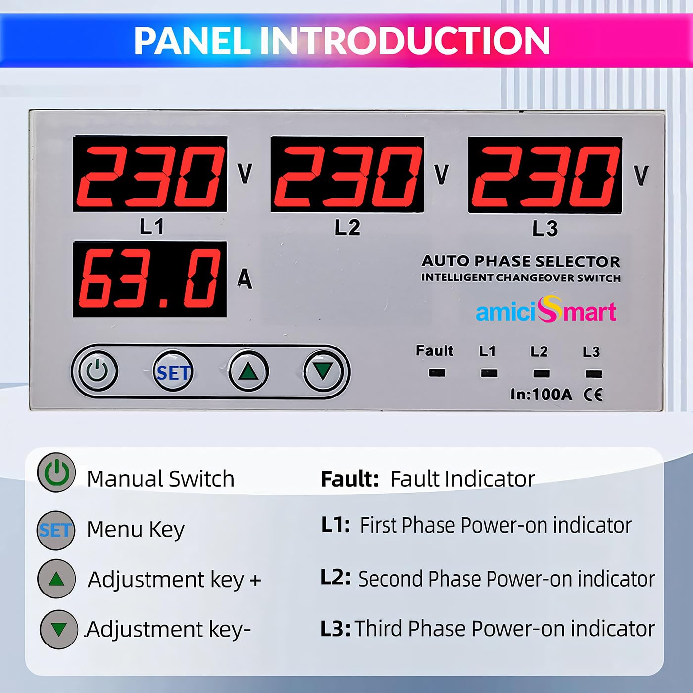 amiciSmart Intelligent 3 Phase to 1 Phase Selector/Changeover Switch with Over/Under Voltage Protection and Over Load Protection 230VAC