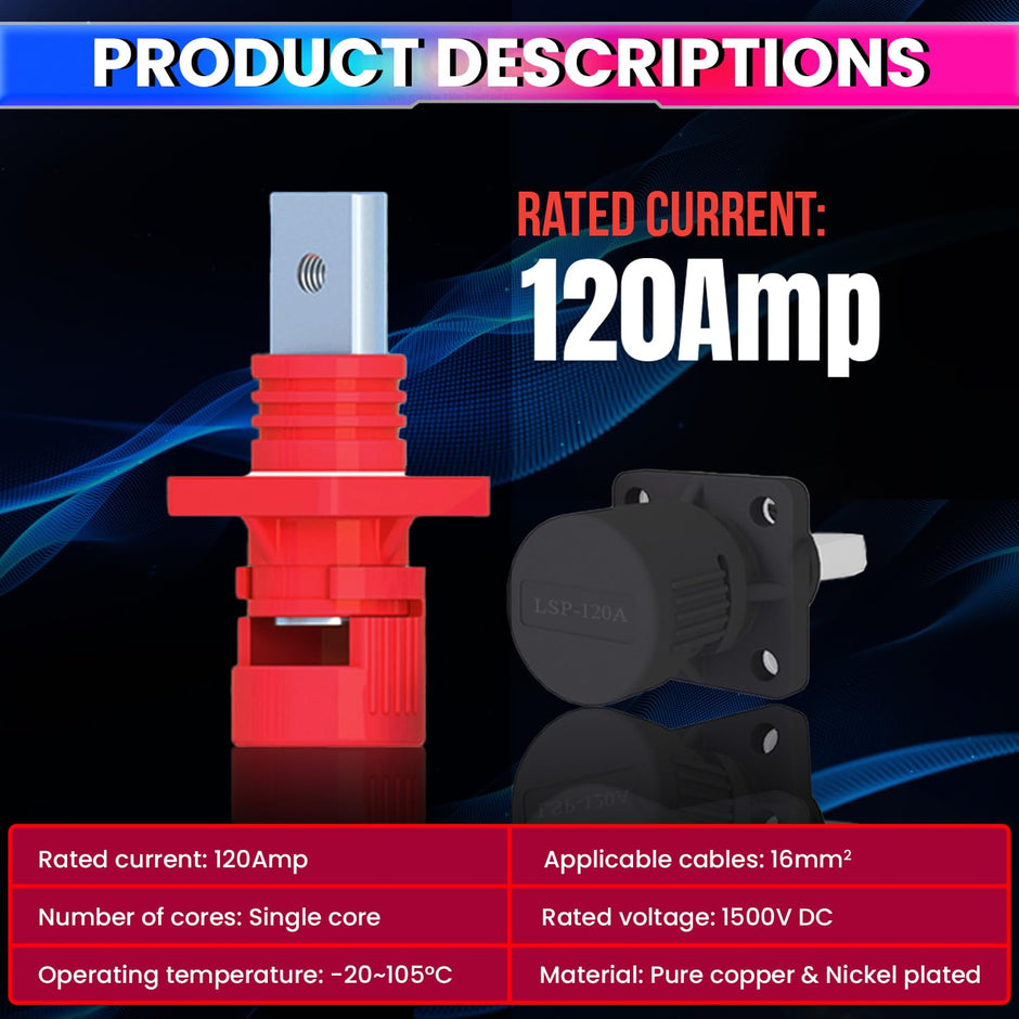 Pure Copper Battery Terminal Connectors – Positive & Negative Set, Supports up to 1500V DC amiciKart