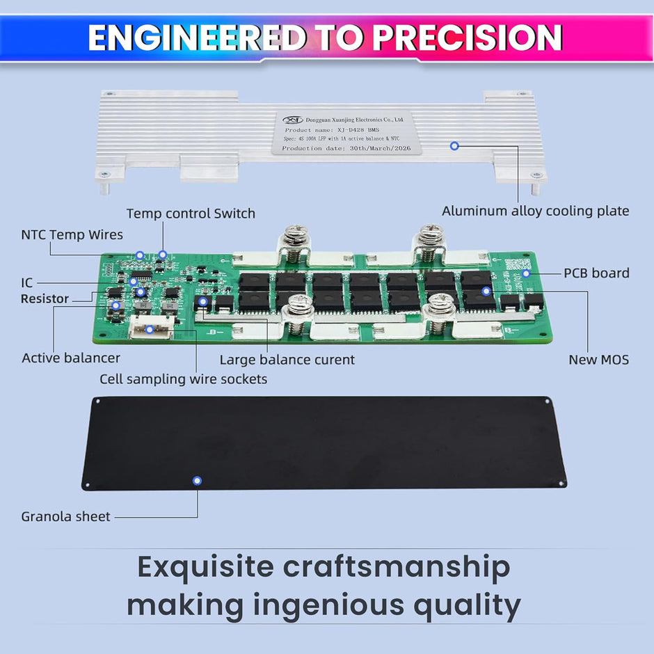 4S 12V 100A BMS for LiFePO4 Battery with 1A Active Balancer