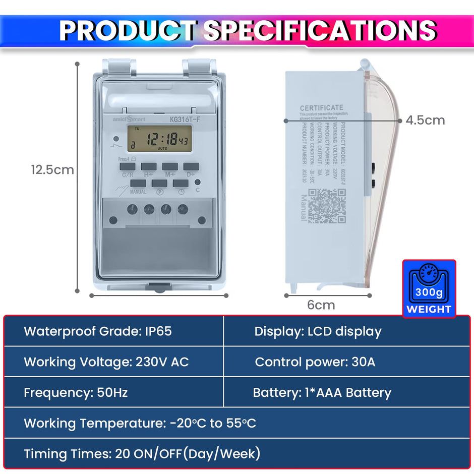 amiciSmart 230V 30A Digital Programmable Timer Switch with Loop Mode | IP65 Waterproof | 20 ON/Off Schedules | LCD Display | Auto Keyboard Lock |