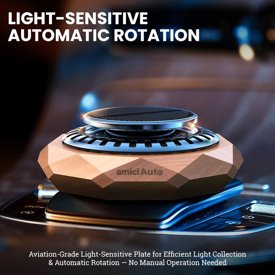 Rotating Car Air Freshener with Natural Walnut Body, Solar Powered Aromatherapy Diffuser