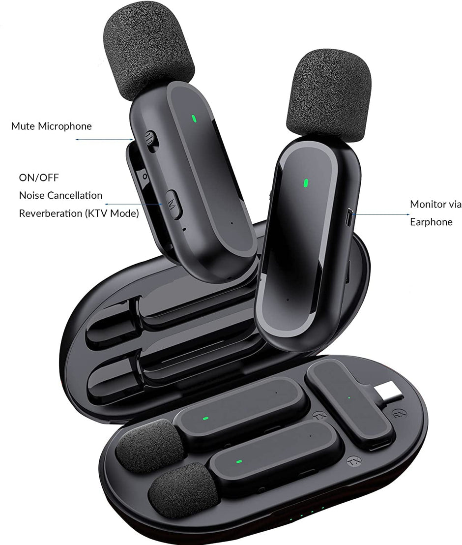 amiciSound Wireless Mini Microphone,Dual Input Mini Mics with Type C Receiver,Charging Case & Noise Cancellation,For Vlogging, Video Recording, etc.