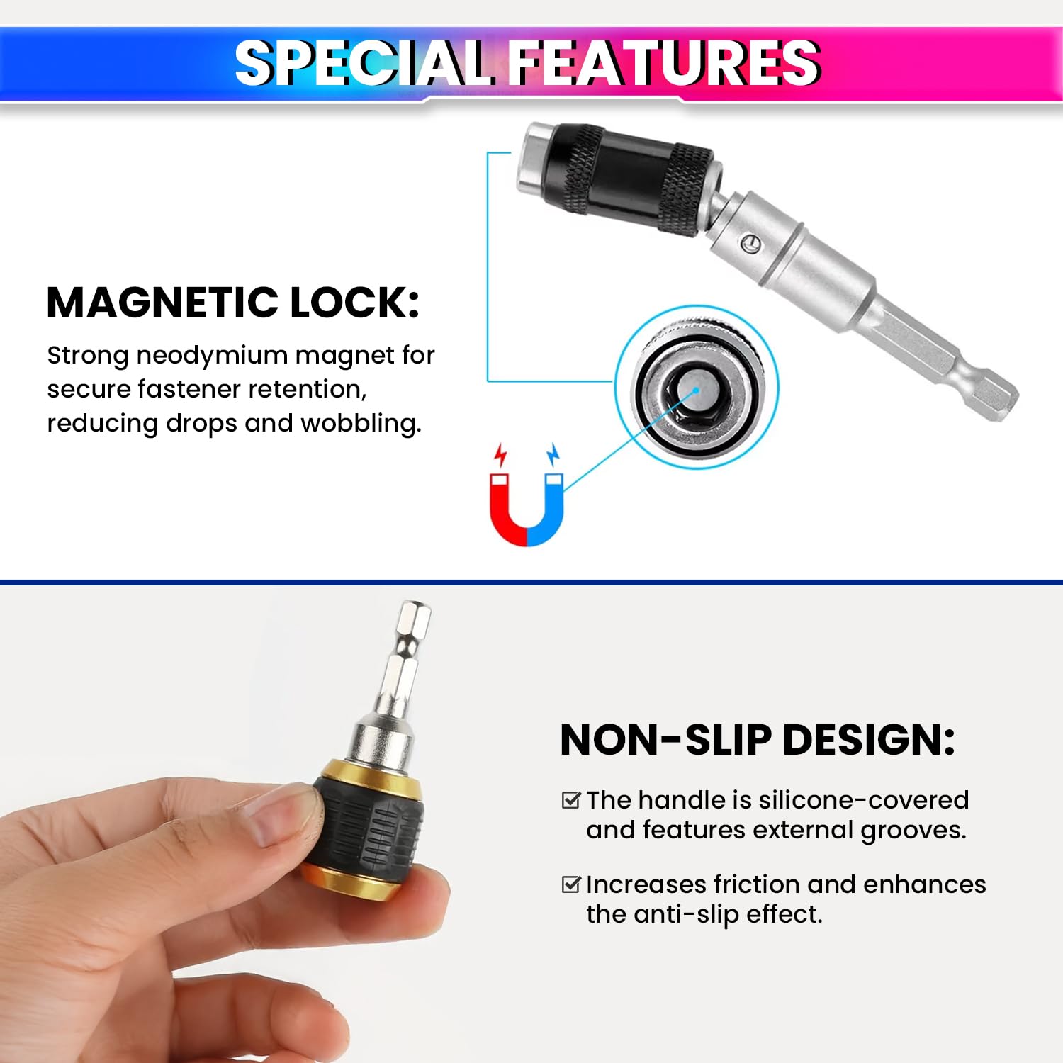 Self-Locking Quick Release Drill Bit Holder Combo – 1/4'' Hex Shank Extension with Angle Adapter amiciKart