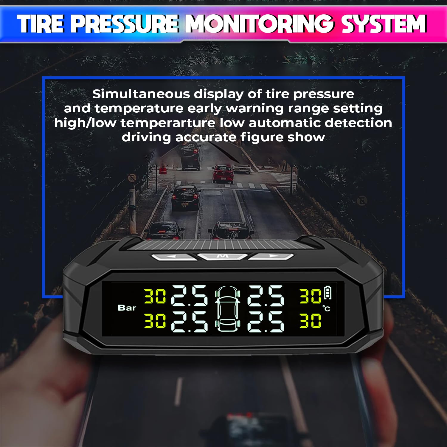 Solar Powered Car TPMS, Wireless Tyre Pressure Monitoring System with External Sensor amiciKart