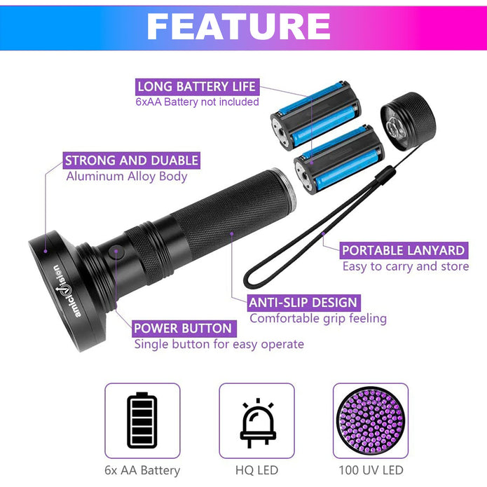 UV Flashlight Torch with 100LEDs Ultra-Violet Metal Torch for Stain Detection, Document Verification & Forensics