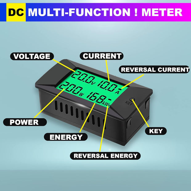 amiciSense DC Energy Meter, 300A Bi-direction Power Meter with Built-In Shunt, Voltage Current Power and Energy Monitoring