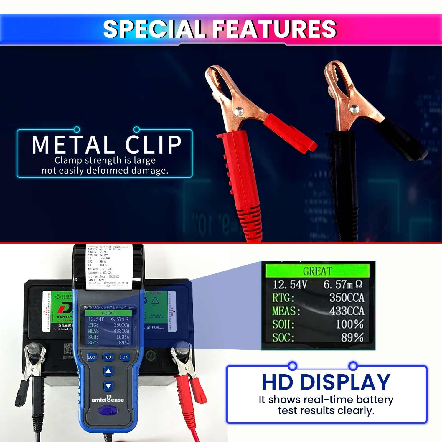 Car Battery Analyzer, 100~2000 CCA Battery Auto Cranking and Charging State Tester, 12/24V Battery Health Test amiciKart