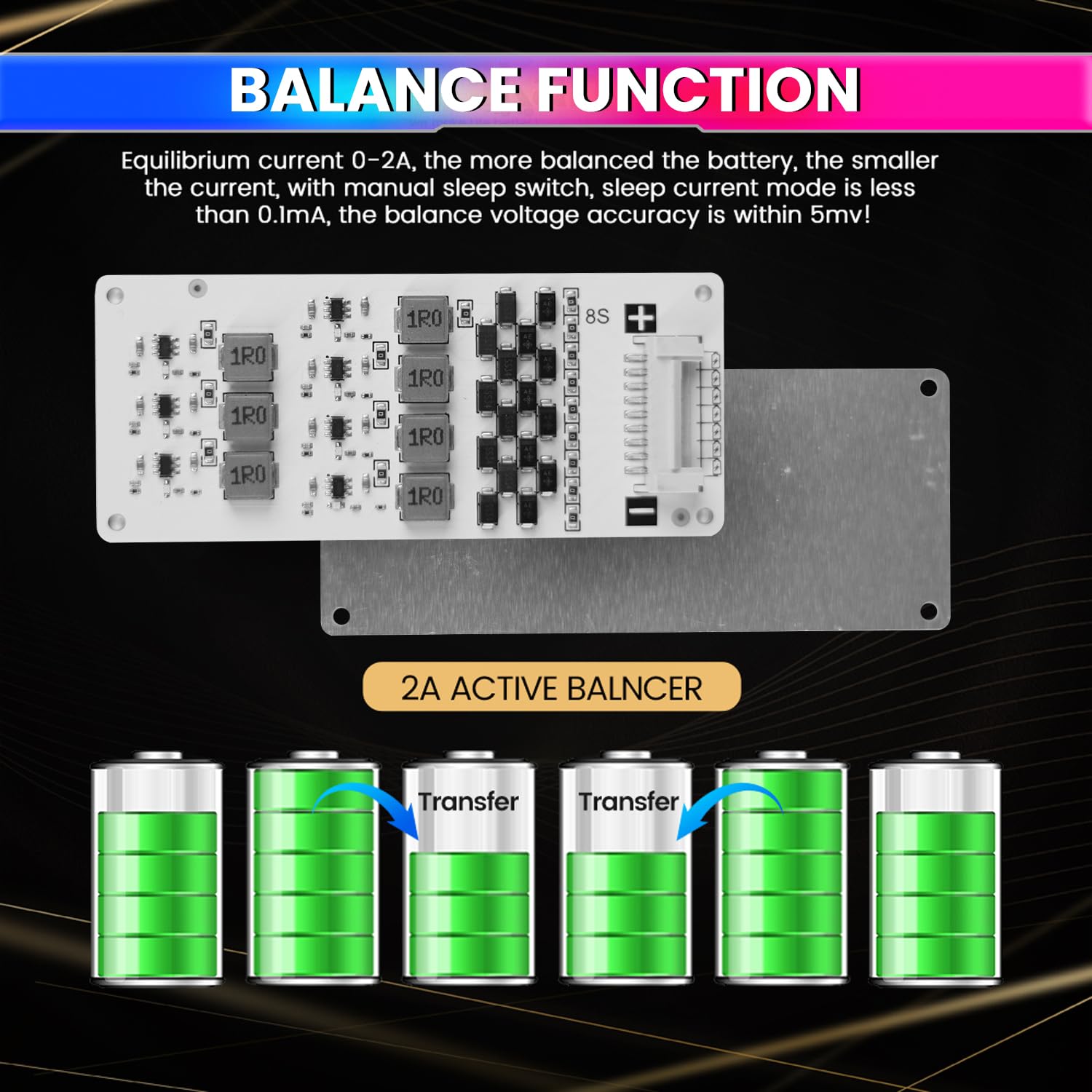 8S 2A Active Energy Balancer Board – Inductive Voltage Energy Equalization for LiFePO4 / Li-ion / Lipo / LTO Battery Packs (3.0V–4.2V) amiciKart