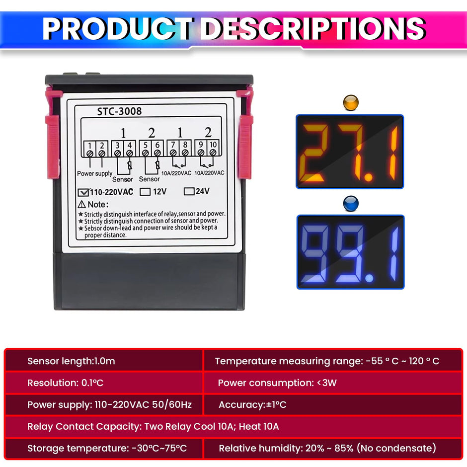 Digital Temperature Controller AC 220V with Dual 10A Relay Precise Heating & Cooling Thermostat