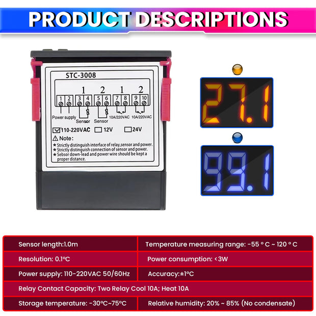 Digital Temperature Controller AC 220V with Dual 10A Relay Precise Heating & Cooling Thermostat