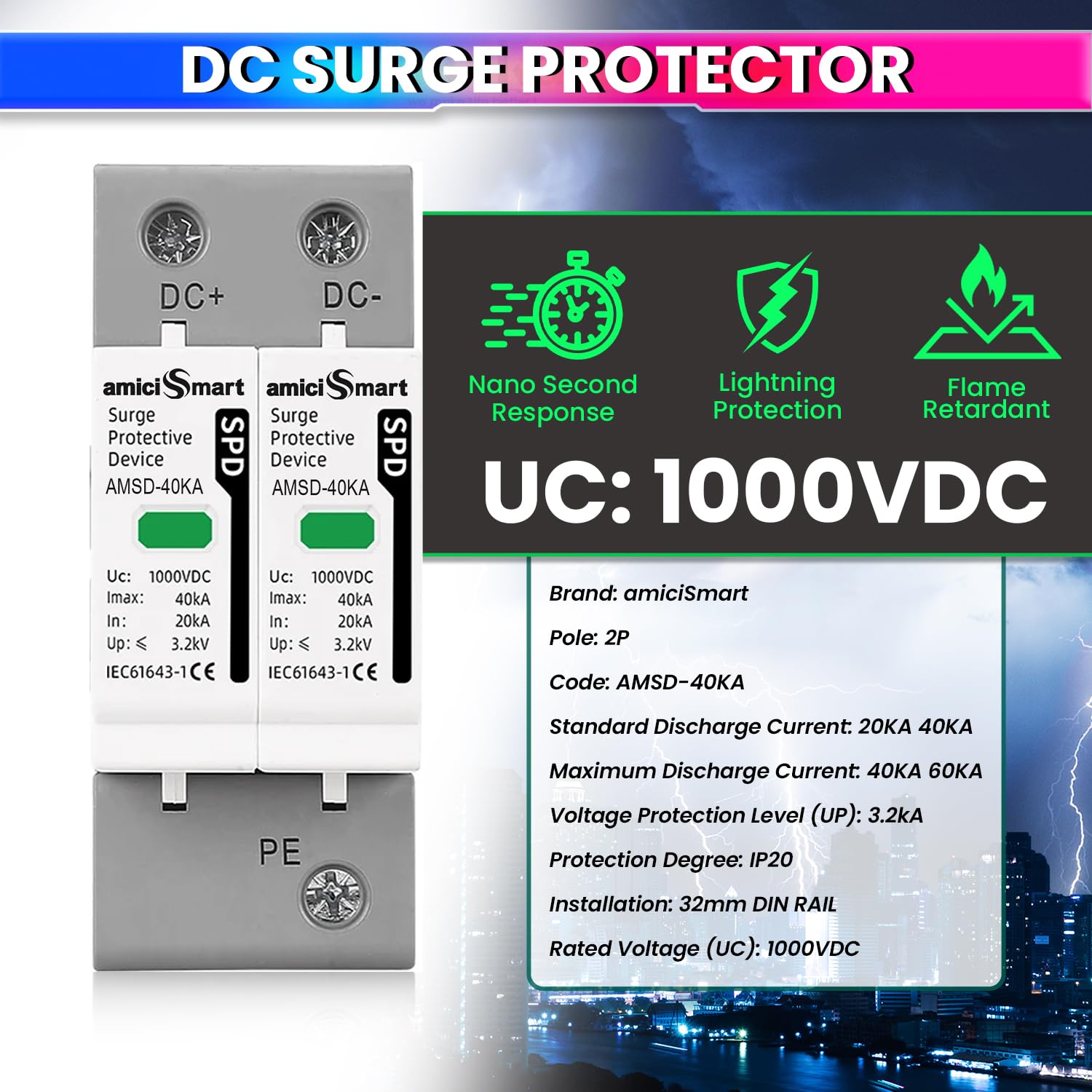 DC SPD Surge Protective Device 20KA 40KA Voltage Protector for Solar PV Systems