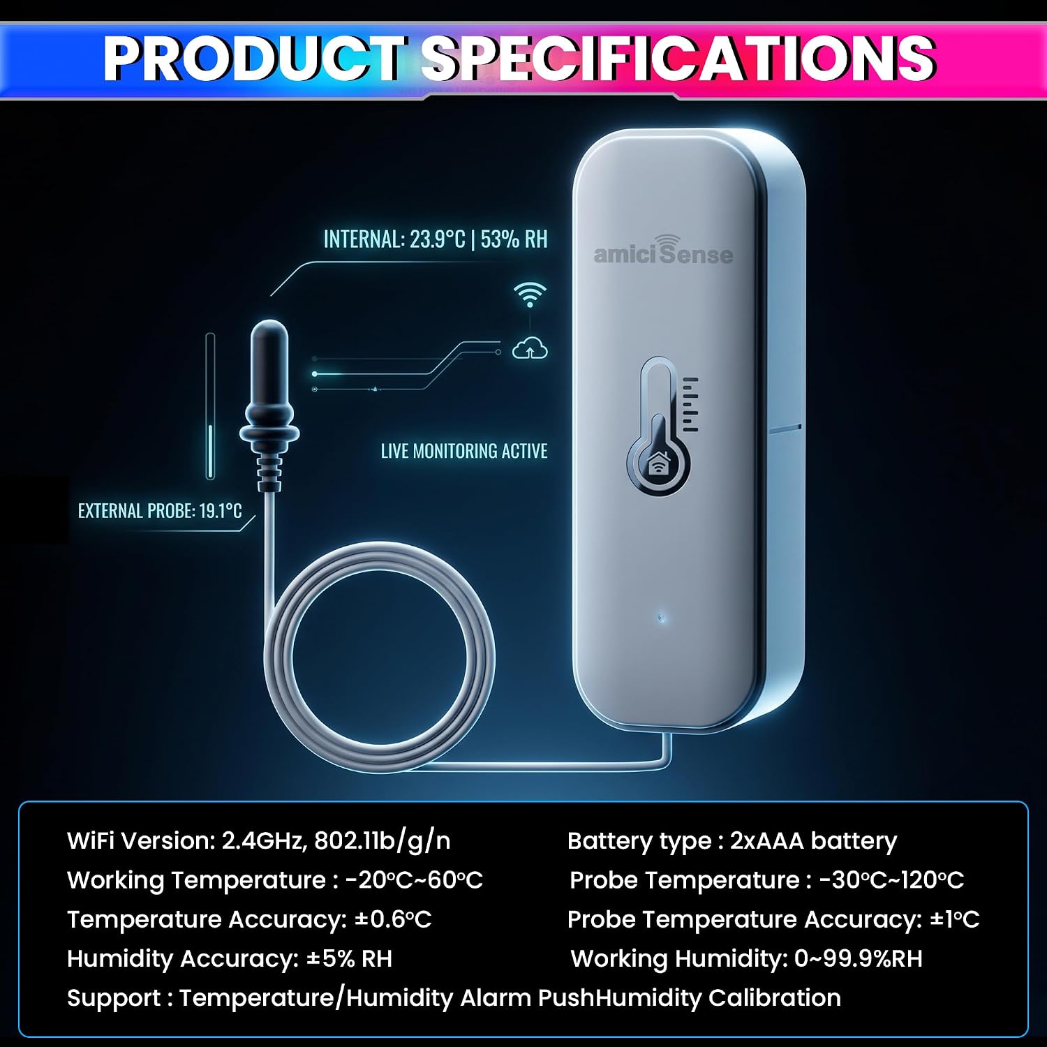 WiFi Smart Temperature & Humidity Sensor with 90cm External Probe, App Alerts