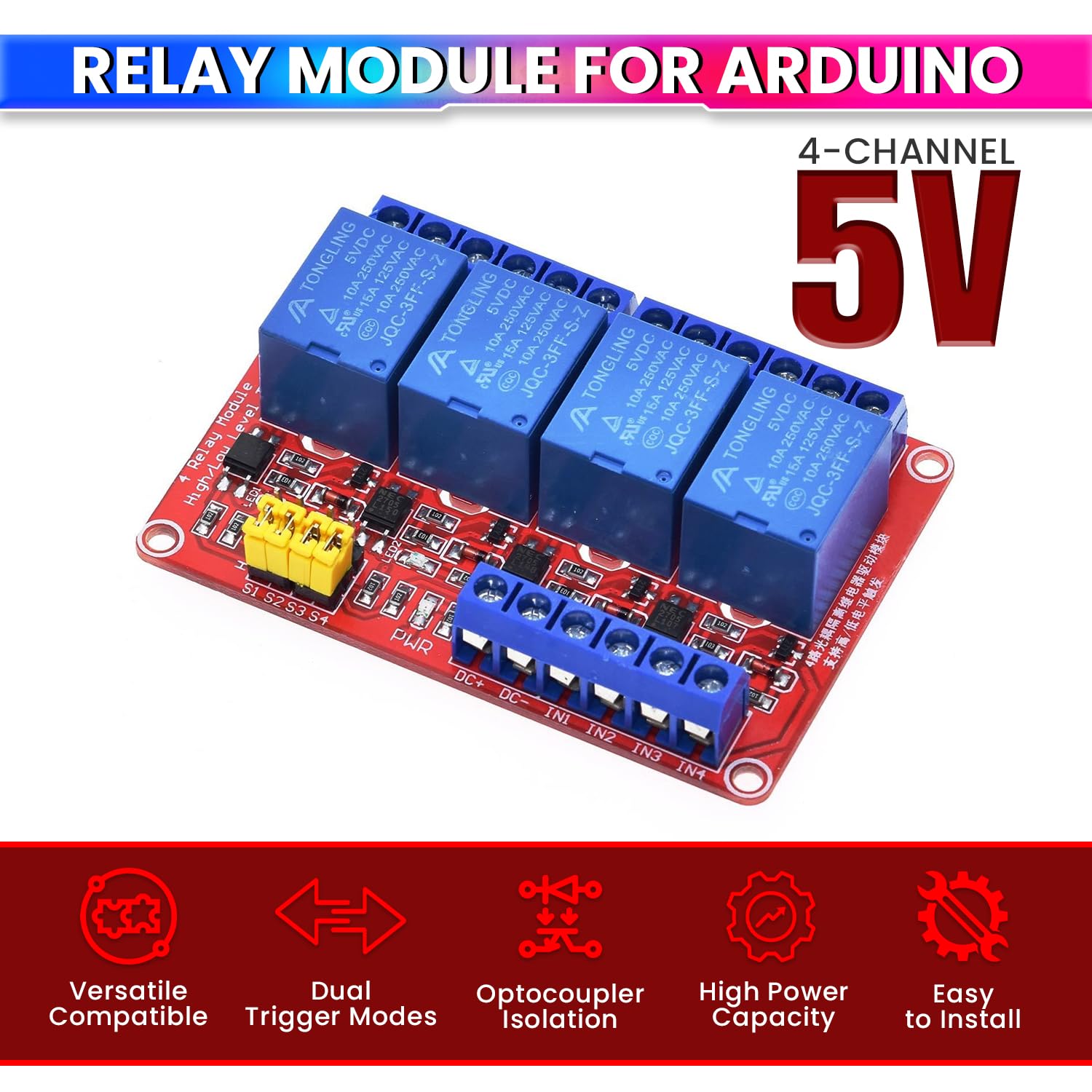 4 Channel 5V Relay Module with Optocoupler – High/Low Trigger for Arduino & Microcontrollers