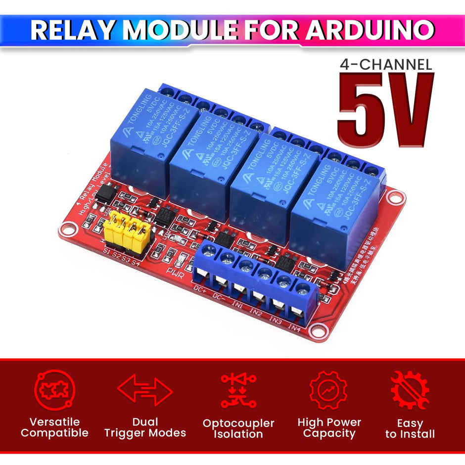 4 Channel 5V Relay Module with Optocoupler – High/Low Trigger for Arduino & Microcontrollers
