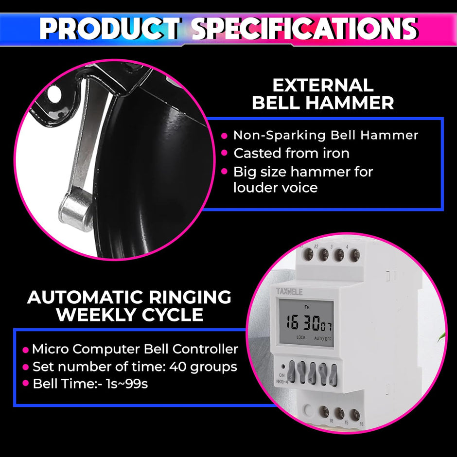 Automatic School Bell 120dB with Weekly Timer, 40 Programs & 1–99s Ring, 220V amiciKart