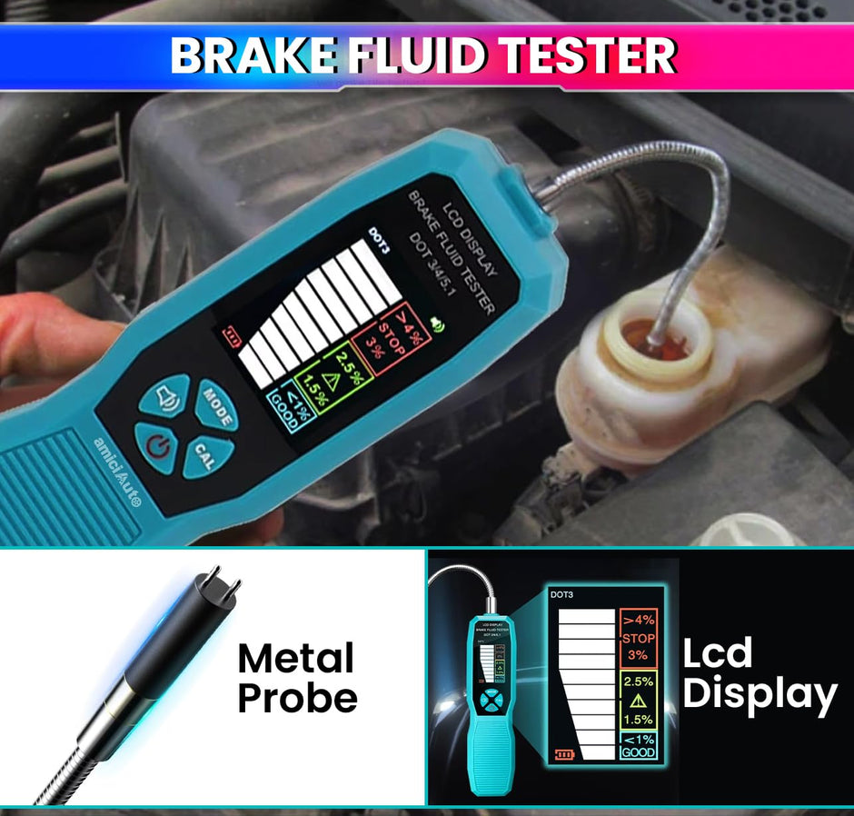 amiciAuto Brake Fluid Tester, Brake Diagnostic Tool Oil Moisture Analyzer for DOT3/DOT4/DOT5.1 Type Brake Fluid with Alarm Function and 4 AAA Battery