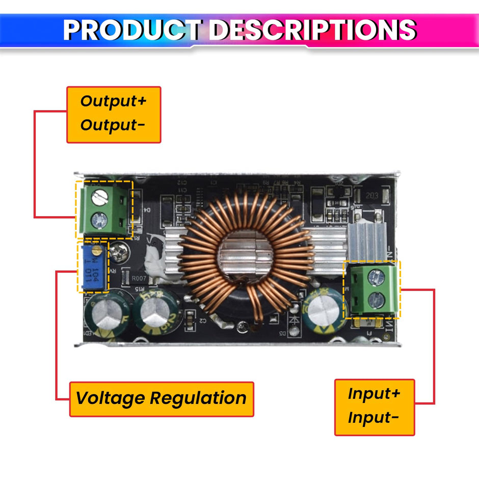 amiciSolar 6A DC-DC Buck Converter 10-90V to 1.5V-60V Step-down Power Voltage Regulator Module – Adjustable Output for Electronics & more