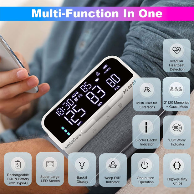 Arm Blood Pressure Monitor with Bluetooth - Rechargeable BP Machine Stores 240 Readings amiciKart