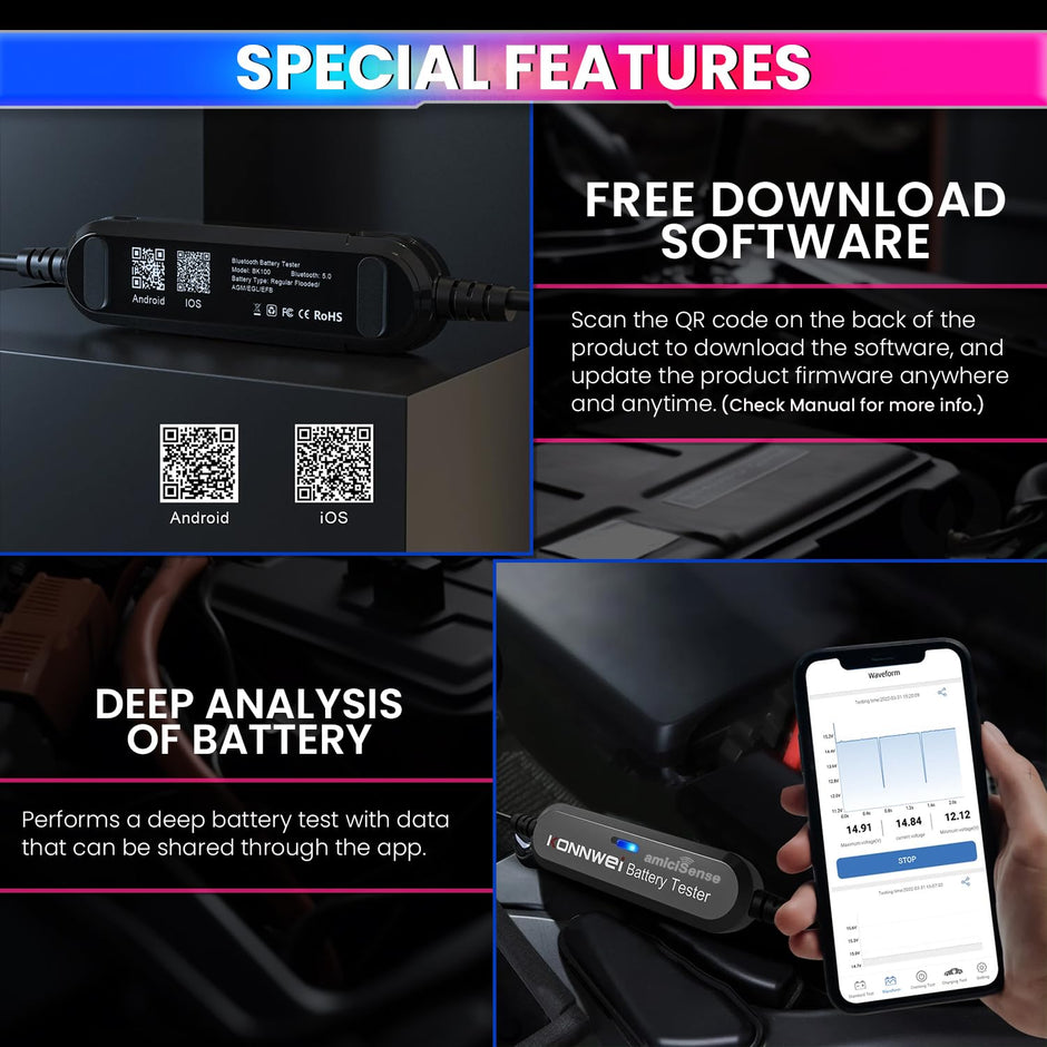 Wireless Car Battery Analyzer – 100~2000 CCA, 6/12V Cranking & Charging Tester with Bluetooth App amiciKart