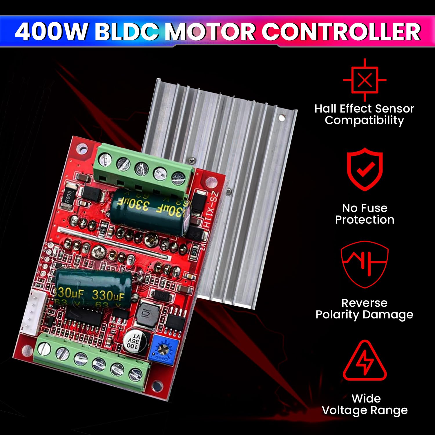 amiciSmart DC 6-60V 400W BLDC Three-Phase Brushless Motor Controller with PWM and Hall Sensor Support