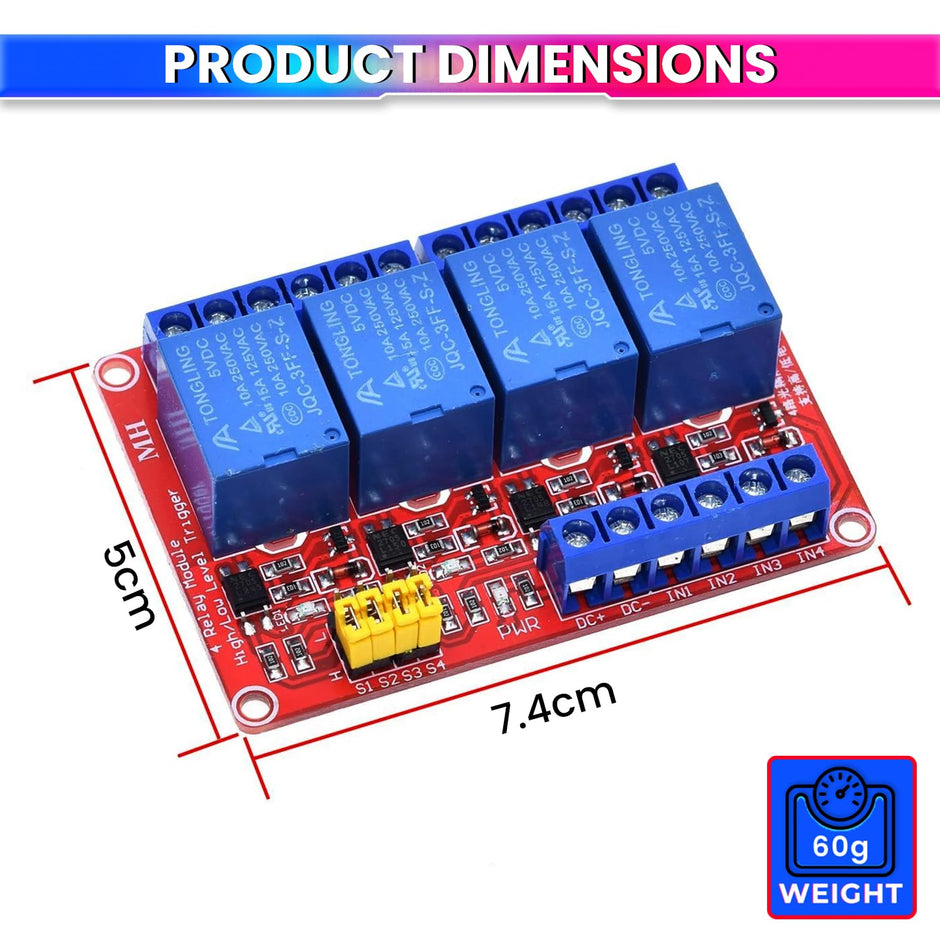 4 Channel 5V Relay Module with Optocoupler – High/Low Trigger for Arduino & Microcontrollers