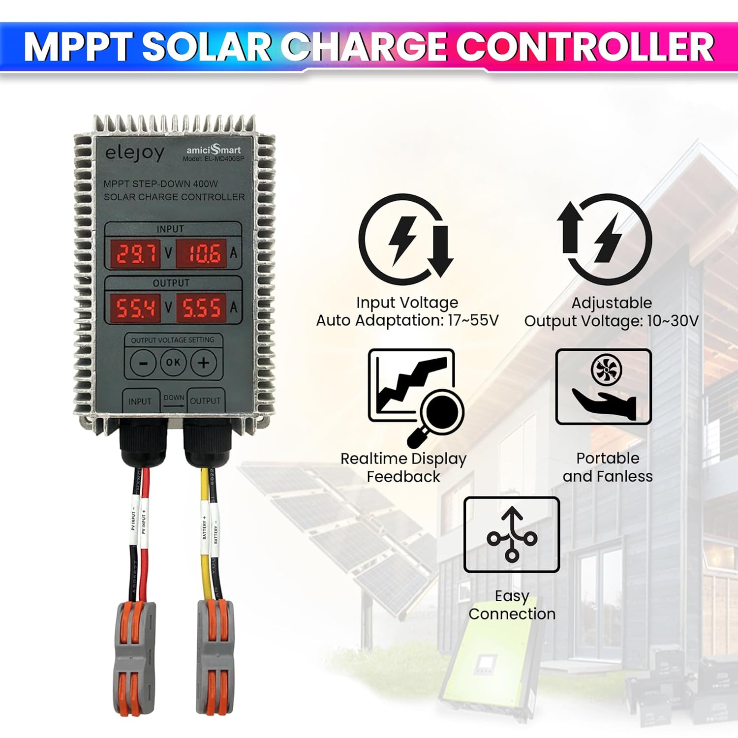 400W MPPT Solar Charge Controller with Step-Down Module, Weatherproof, 97% Efficiency