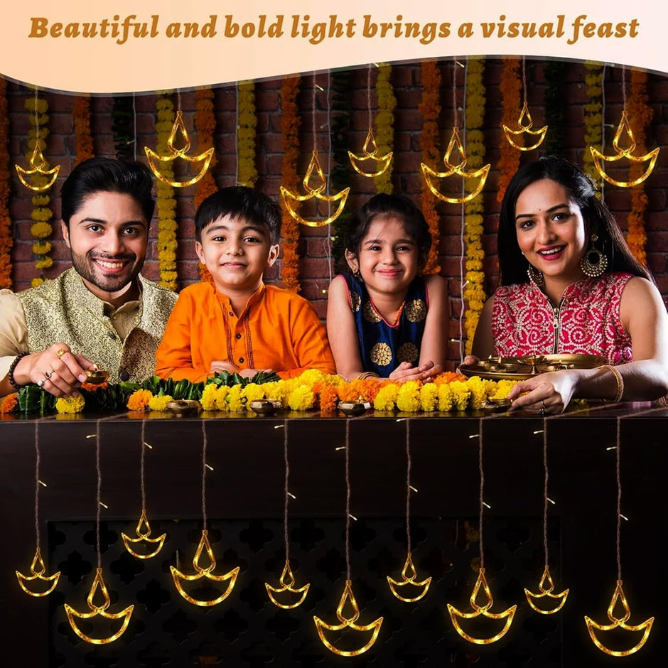 Cool White Diya Curtain String Light with 138 LEDs, 6 Big + 6 Small Diyas with 8 Modes, Extendable amiciKart c0tmiz-hs.myshopify.com