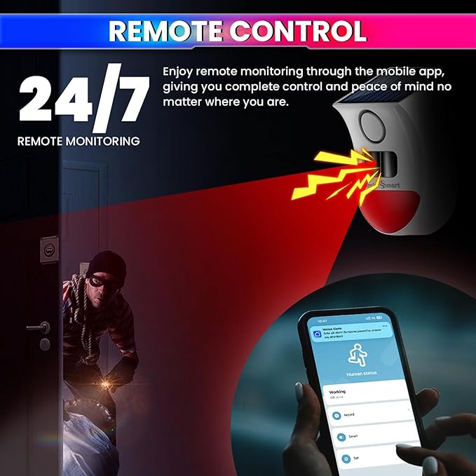 WiFi Motion Sensor Alarm with Solar Charging – Smart PIR Siren, Remote & App Control