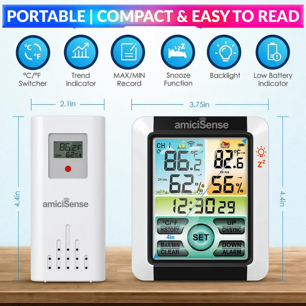amiciSense Digital Weather Station, Outdoor/Indoor Temperature and Humidity Monitoring Device with Touch Screen and Clock Function