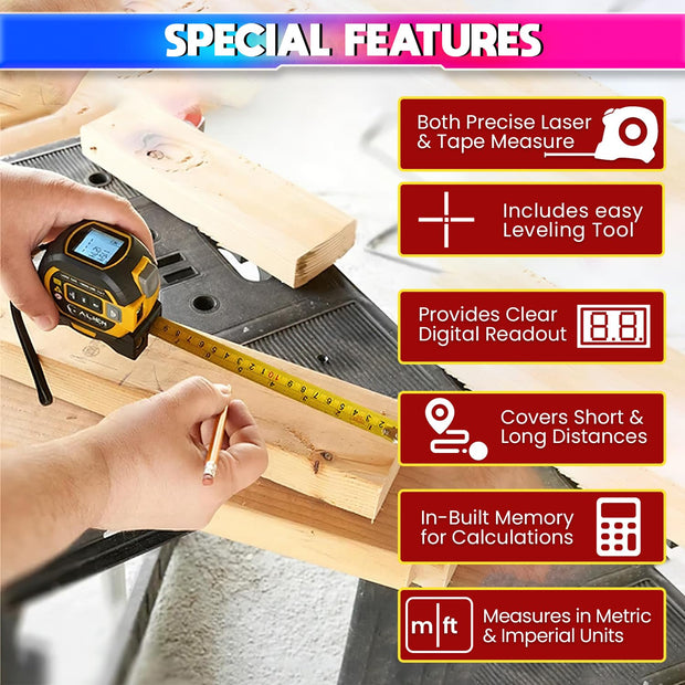 amiciTools 3-in-1 Laser Distance Meter: 5m Tape Measure, 60m Laser Measure, 10m Cross Line Laser with 20 Measurement Storage