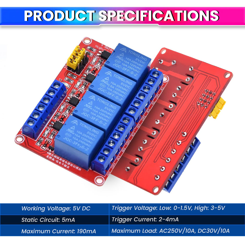 4 Channel 5V Relay Module with Optocoupler – High/Low Trigger for Arduino & Microcontrollers