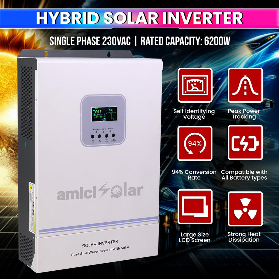 amiciSolar MPPT Solar Inverter|AC & DC Input |Supports 6200W Solar Panel & 48V Battery|All Battery Types|Controls AC Devices Directly from Solar Input