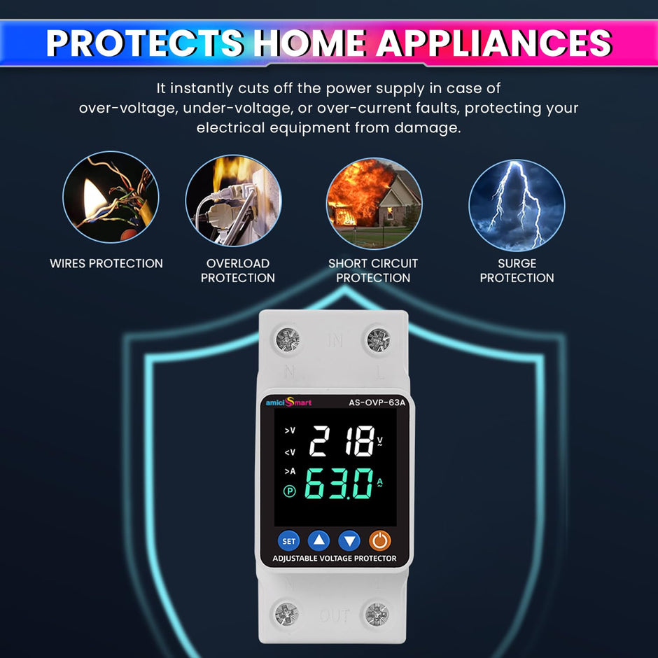 Automatic Over/Under Voltage & Overload Protection Device with Adjustable Settings, LED Display & Weather-Proof Cover