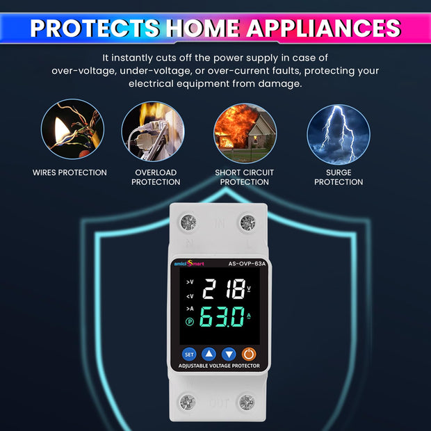 Automatic Over/Under Voltage & Overload Protection Device with Adjustable Settings, LED Display & Weather-Proof Cover