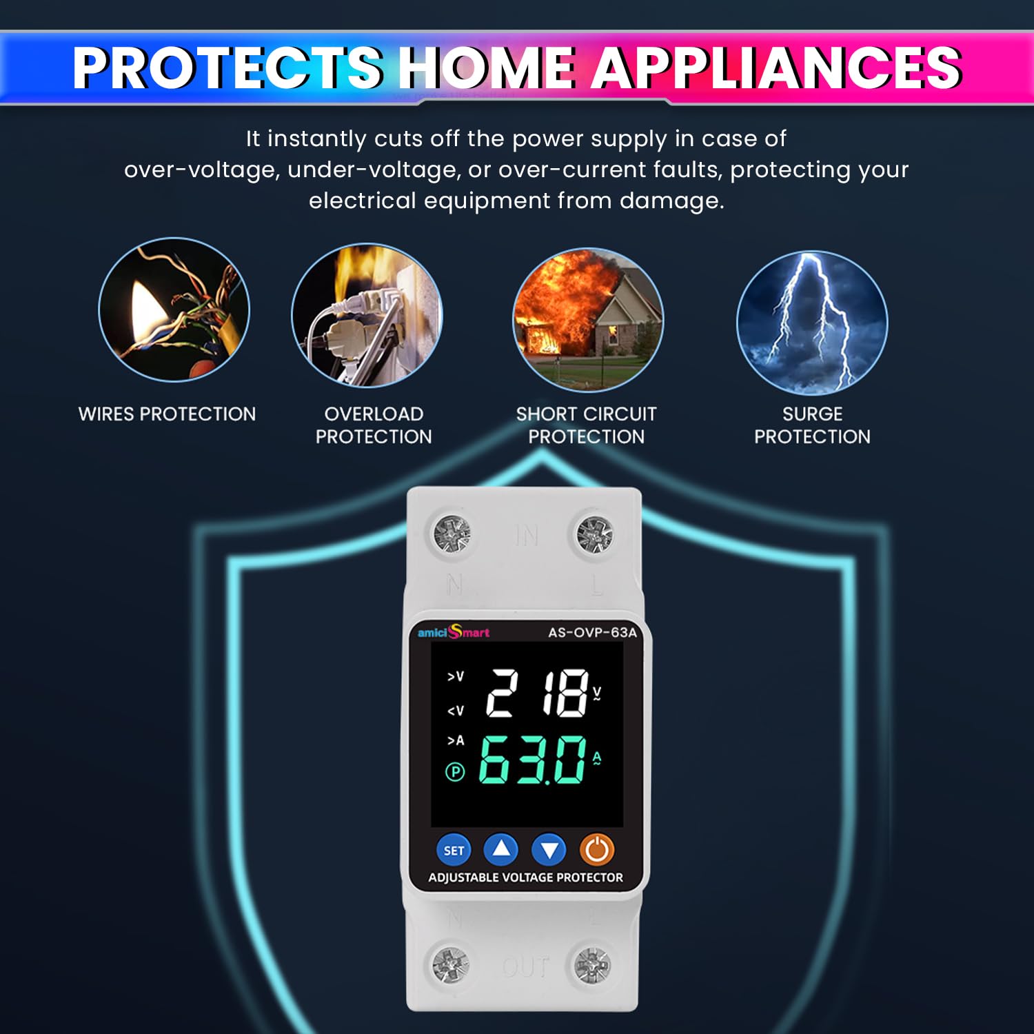 Automatic Over/Under Voltage and Overload Protection Device 63A DIN-Rail with LED Display Adjustable Reconnect & Auto Recovery