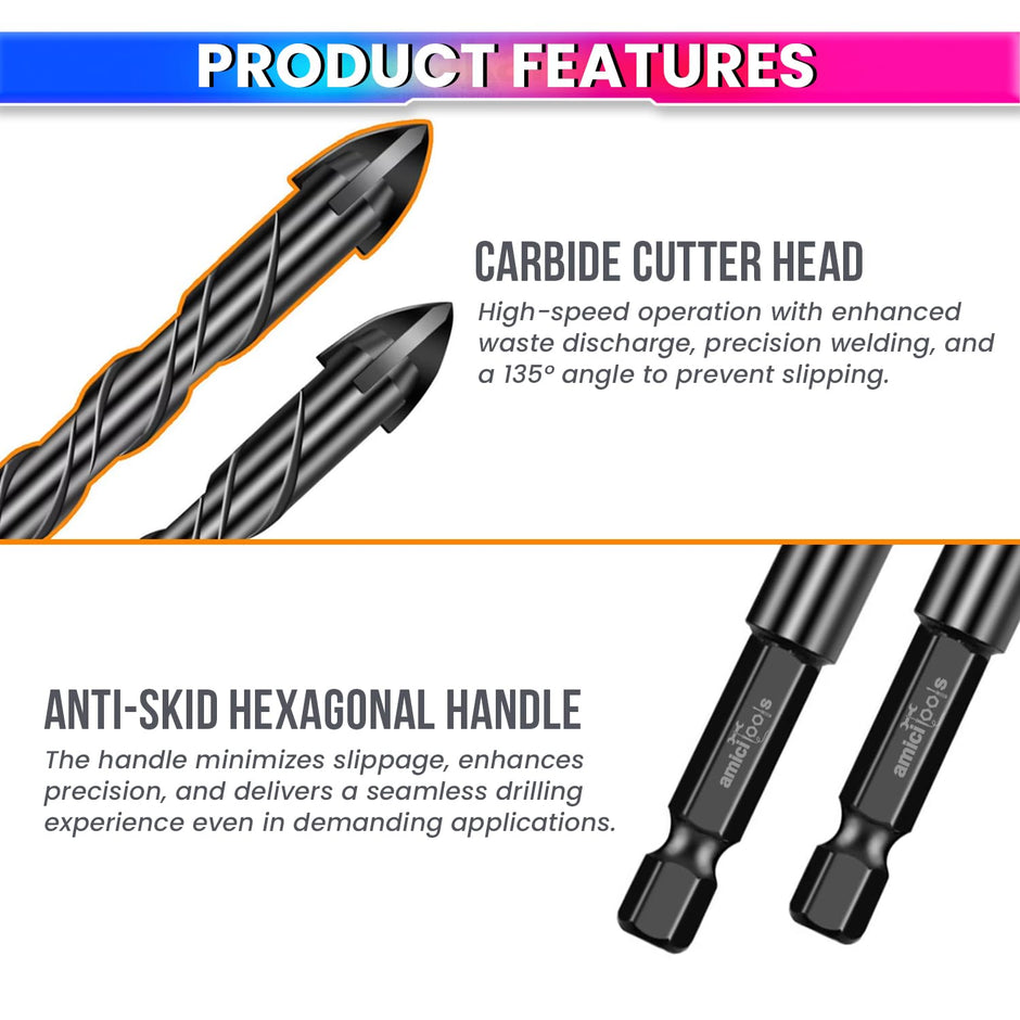 amiciTools 4-12MM Masonry Hex Tile Drill Bits Set – Hard Alloy Triangle Bit Kit for Glass, Ceramic, Concrete, Brick & More – Pack of 5