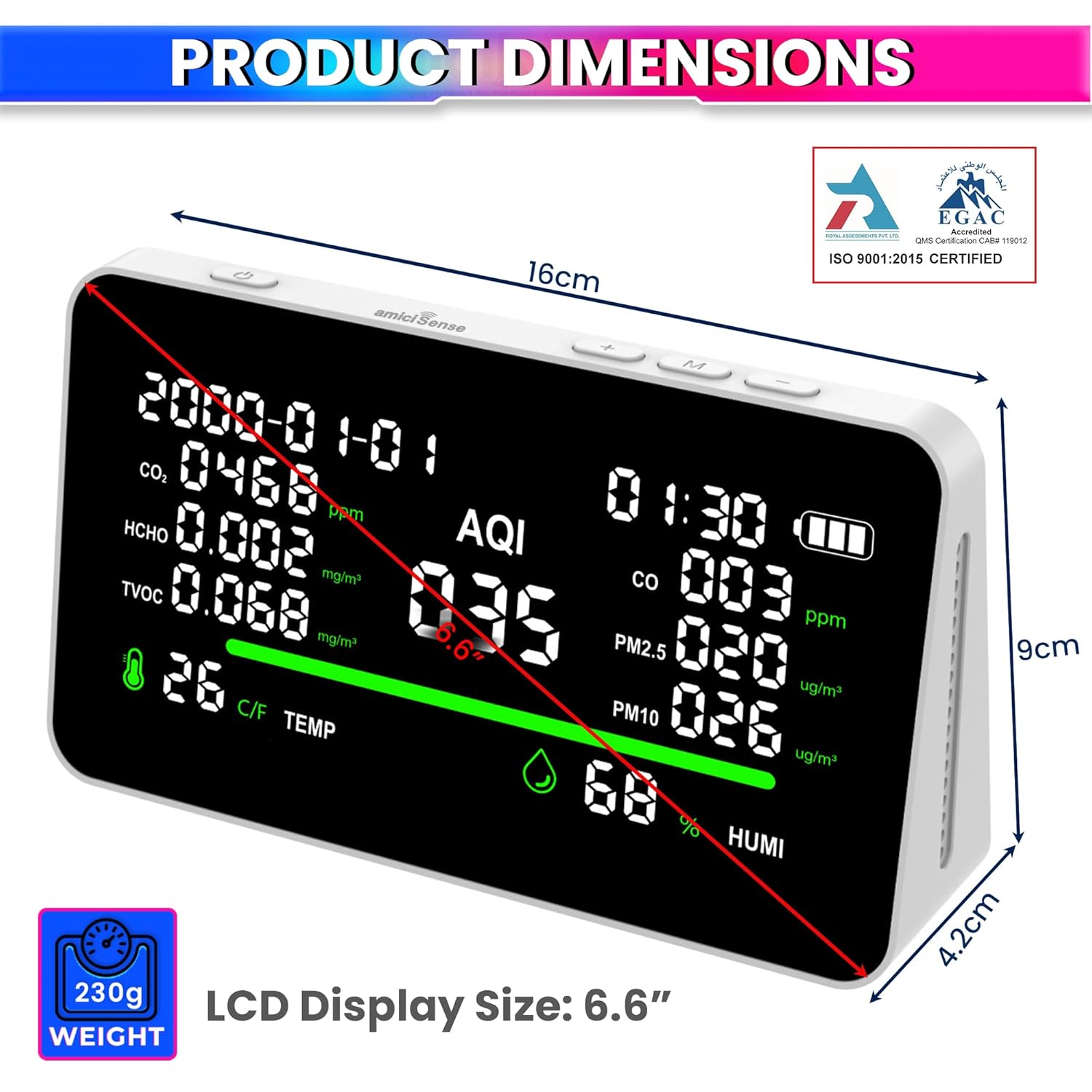 11-in-1 Air Quality Detector | CO₂, CO, PM2.5, PM10, HCHO, TVOC, AQI Monitor with Temperature & Humidity