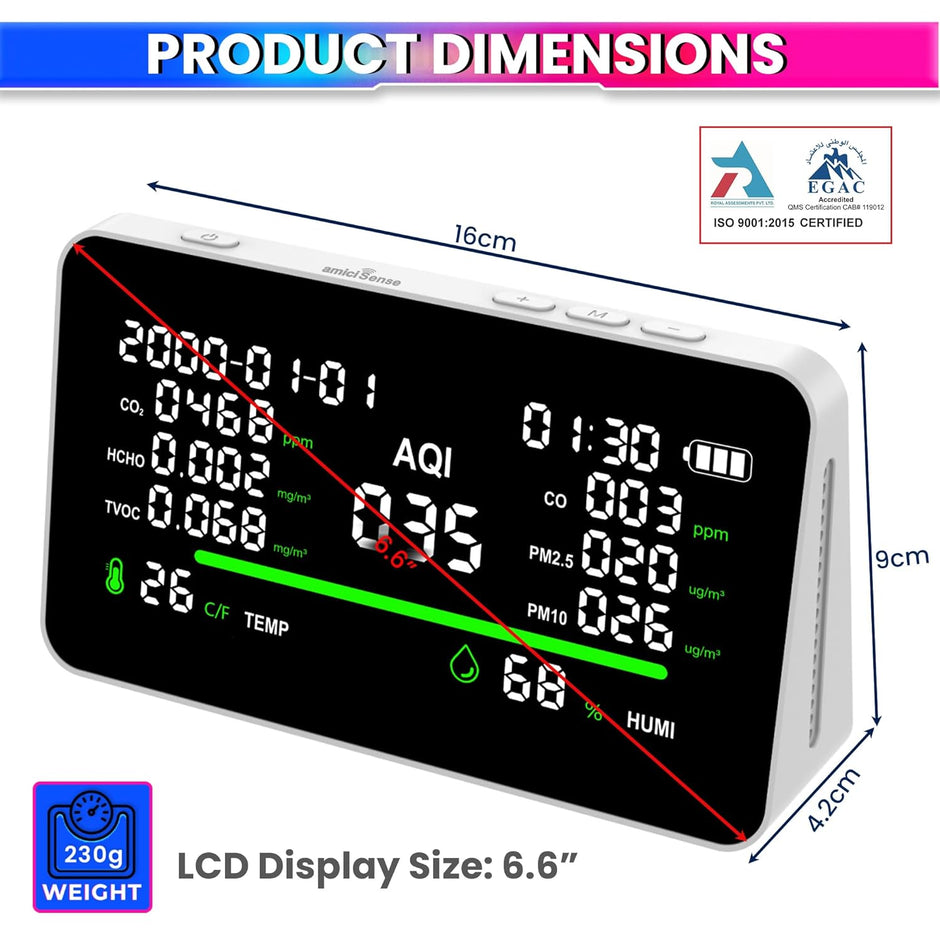 11-in-1 Air Quality Detector | CO₂, CO, PM2.5, PM10, HCHO, TVOC, AQI Monitor with Temperature & Humidity