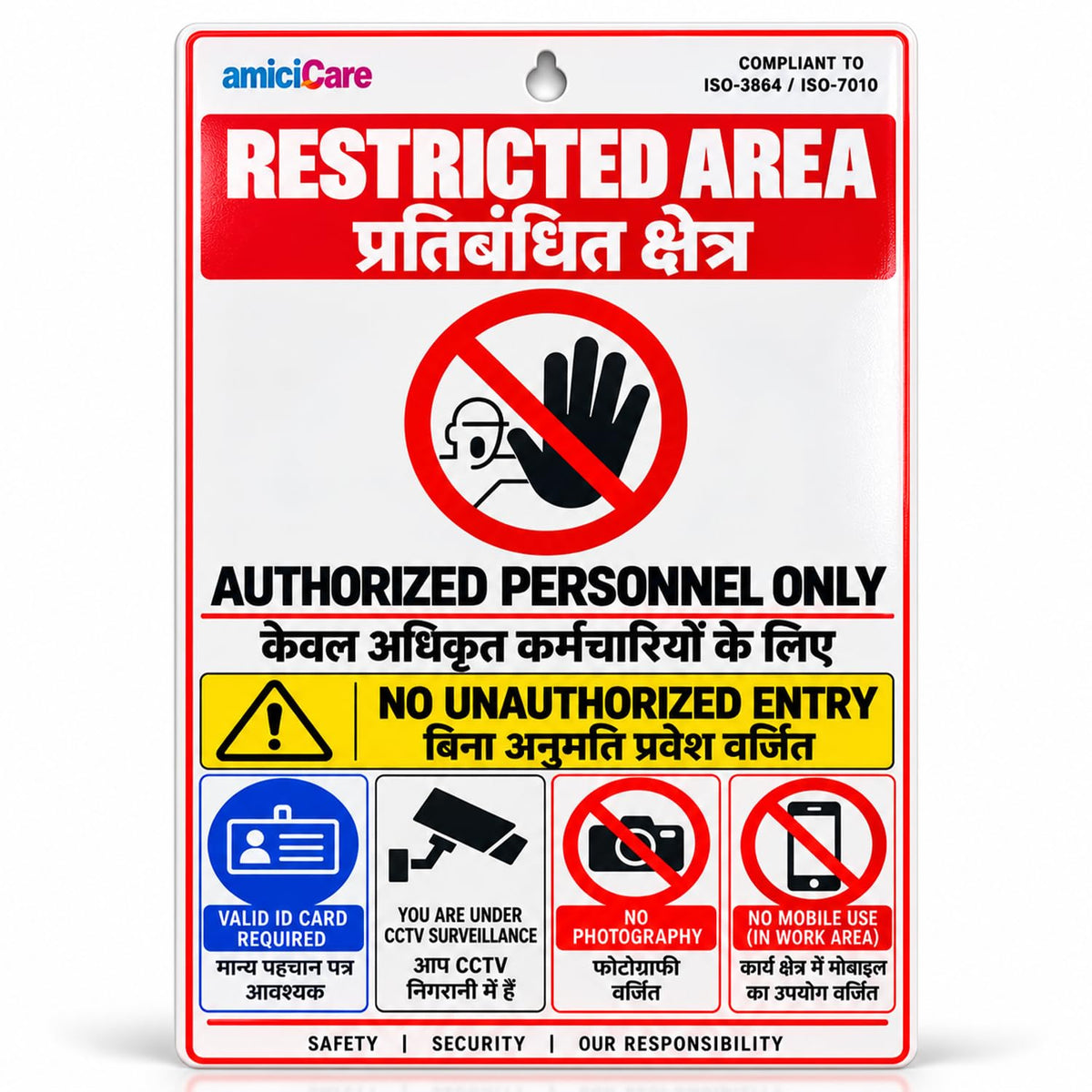 Restricted Area Safety Sign Board, English & Hindi  CCTV Warning | No Photography Wall Hanging Sign, Pack of 4
