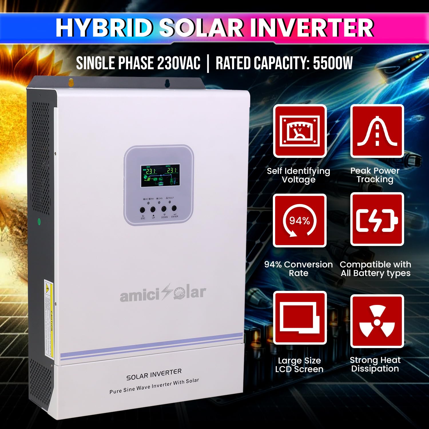 MPPT Solar Inverter |Dual AC & DC Input |Supports 6200W Solar Panel-Operates AC Devices Directly from Solar Input (5.5kW Hybrid Inverter)