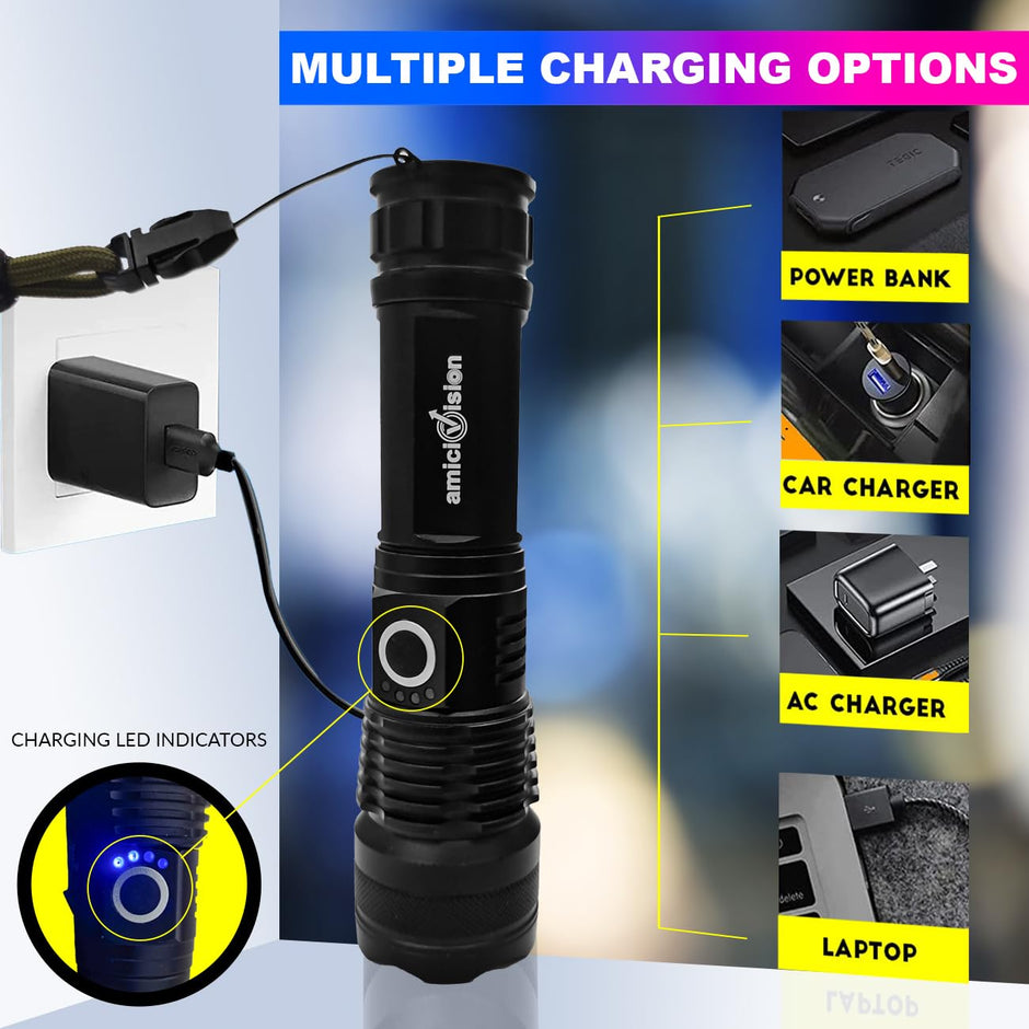 Rechargeable Flashlight With Zoom Function- Led Metal Torch With 5 Lighting Modes