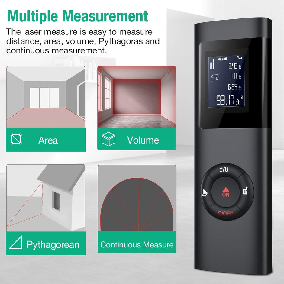 Laser Distance Meter, 40M Multi-Functional Laser Sensor for Area/Volume/Pythagorean Measuring Tool with Back-Lit, Auto Power Off and USB Rechargeable