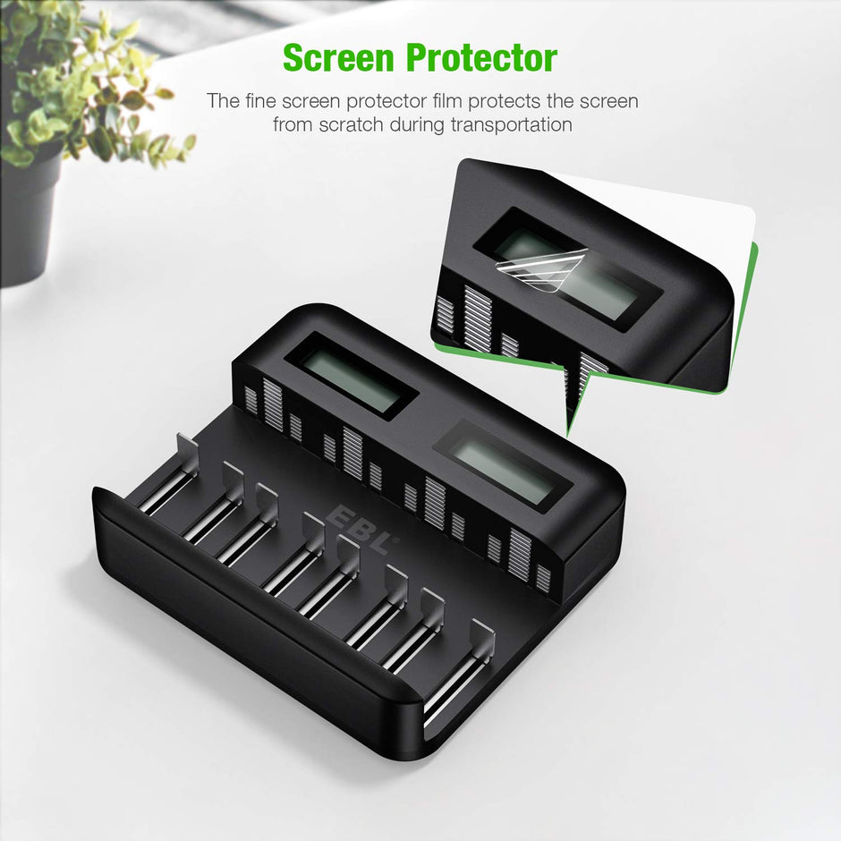 EBL LCD Universal Battery Charger - 8 Bay AA AAA C D Battery Charger for Rechargeable Batteries with 2A USB Port, Type C Input, Fast Battery Charger