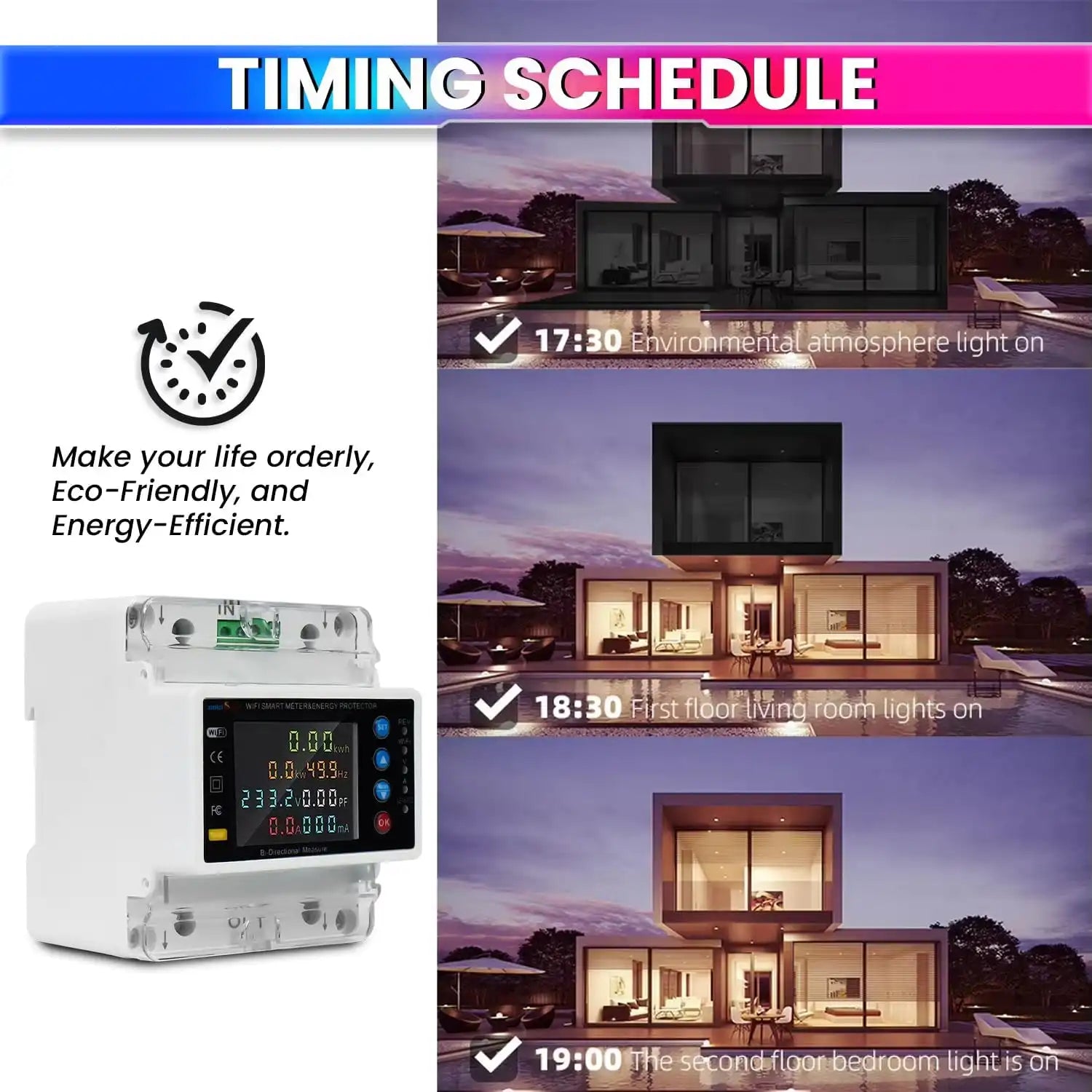 WiFi Bi-Directional Energy Meter 80A Single Phase Adjustable Over/Under Voltage, Current & Leakage Protection Auto Reconnect